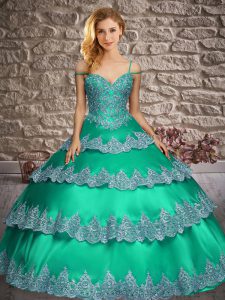 Elegant Turquoise Satin Lace Up Quinceanera Gowns Sleeveless Floor Length Appliques and Ruffled Layers