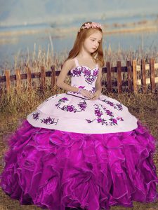 Fuchsia Straps Neckline Embroidery and Ruffles Little Girls Pageant Dress Wholesale Sleeveless Lace Up