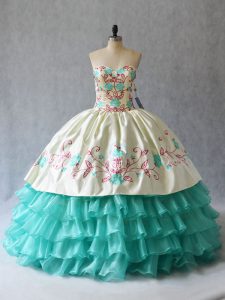 Fitting Sleeveless Floor Length Embroidery and Ruffled Layers Lace Up Quinceanera Dresses with Aqua Blue