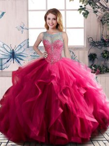 Exquisite Sleeveless Floor Length Beading and Ruffles Lace Up 15th Birthday Dress with Fuchsia