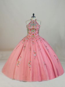 Sleeveless Tulle Brush Train Lace Up Quinceanera Dress in Pink with Appliques and Embroidery