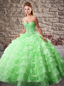 Luxurious Green Sleeveless Organza Brush Train Lace Up Quinceanera Dress for Military Ball and Sweet 16 and Quinceanera