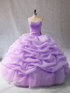 Amazing Lavender Organza Lace Up Sweetheart Sleeveless Floor Length Quince Ball Gowns Beading and Pick Ups