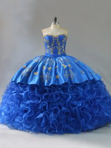 Royal Blue 15 Quinceanera Dress Fabric With Rolling Flowers Sleeveless Embroidery and Ruffles