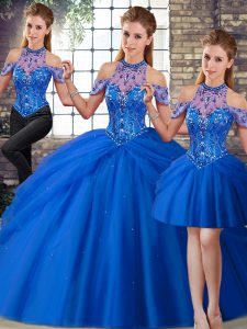 Fantastic Blue Sweet 16 Dresses Halter Top Sleeveless Brush Train Lace Up