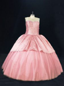 Modern Pink Sleeveless Floor Length Beading Lace Up Ball Gown Prom Dress