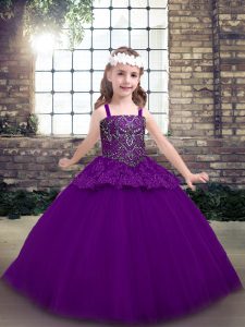 Floor Length Lace Up Little Girls Pageant Gowns Purple for Party and Military Ball and Wedding Party with Beading
