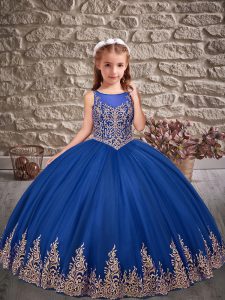 Tulle Scoop Sleeveless Lace Up Appliques Kids Pageant Dress in Blue