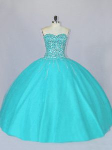Aqua Blue Tulle Lace Up Sweetheart Sleeveless Floor Length 15th Birthday Dress Beading
