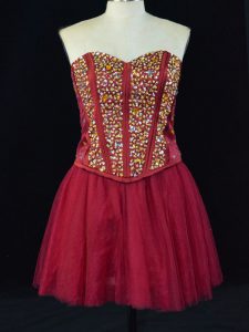 Fancy Sweetheart Sleeveless Celebrity Inspired Dress Mini Length Beading Wine Red Tulle