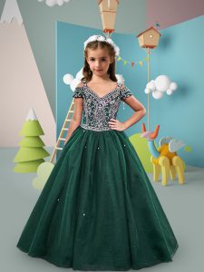 Simple Short Sleeves Lace Up Floor Length Beading Little Girls Pageant Gowns