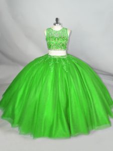 Green Ball Gowns Tulle Scoop Sleeveless Beading and Appliques Floor Length Lace Up Quinceanera Dress