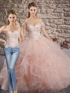 Enchanting Pink Sweetheart Lace Up Lace and Ruffles Quinceanera Gowns Brush Train Sleeveless