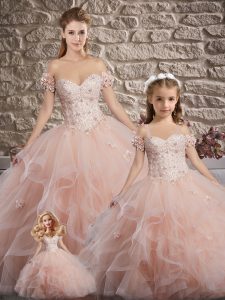 Dynamic Pink Lace Up Sweetheart Lace and Ruffles Quinceanera Gowns Tulle Sleeveless Brush Train