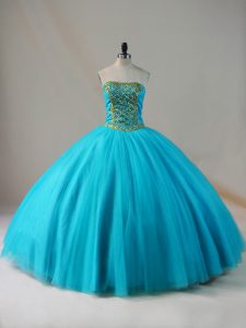 Most Popular Blue Sleeveless Floor Length Beading Lace Up Sweet 16 Quinceanera Dress