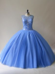 Tulle Scoop Sleeveless Lace Up Beading Sweet 16 Dress in Baby Blue
