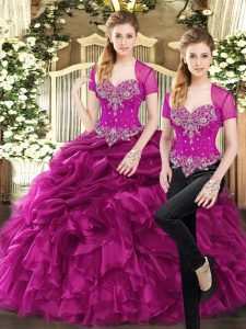 Fuchsia Two Pieces Beading and Ruffles and Pick Ups Quinceanera Dress Lace Up Organza Sleeveless Floor Length