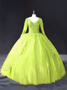 Yellow Green Tulle Lace Up V-neck Long Sleeves Floor Length Ball Gown Prom Dress Lace and Appliques