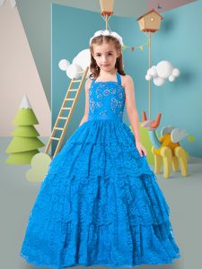 New Arrival Baby Blue Halter Top Zipper Beading and Ruffled Layers Little Girl Pageant Gowns Sleeveless