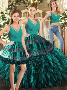 Ideal Turquoise Ball Gowns Organza V-neck Sleeveless Appliques and Ruffles Floor Length Backless Quinceanera Gowns
