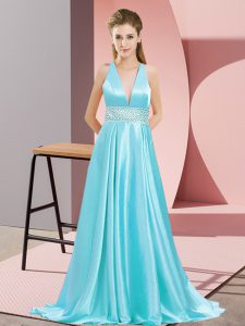 Aqua Blue Elastic Woven Satin Backless Prom Gown Sleeveless Brush Train Beading