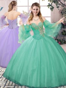 Stylish Apple Green Ball Gowns Sweetheart Sleeveless Tulle Floor Length Lace Up Beading Quinceanera Dresses