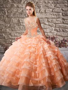 Spectacular Organza Sleeveless Quince Ball Gowns Court Train and Beading and Ruffled Layers