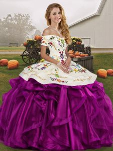 Flare Floor Length White And Purple Sweet 16 Quinceanera Dress Off The Shoulder Sleeveless Lace Up