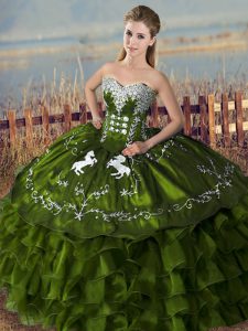 Inexpensive Olive Green Lace Up Sweetheart Embroidery and Ruffles Vestidos de Quinceanera Satin Sleeveless