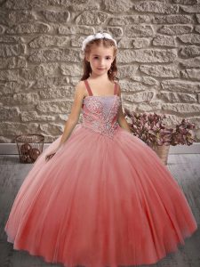 Watermelon Red Straps Neckline Beading Girls Pageant Dresses Sleeveless Lace Up