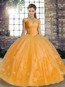 Orange Sleeveless Beading and Appliques Floor Length Sweet 16 Dress
