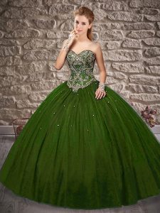 Luxury Olive Green Sweetheart Neckline Beading Ball Gown Prom Dress Sleeveless Lace Up