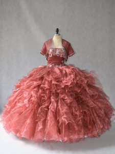 Inexpensive Red Ball Gowns Strapless Sleeveless Beading and Ruffles Floor Length Lace Up 15 Quinceanera Dress