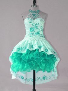 Dramatic Turquoise Prom Evening Gown Prom and Party with Embroidery and Ruffles Strapless Sleeveless Lace Up