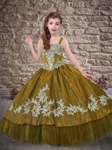 Brown Ball Gowns Appliques Child Pageant Dress Lace Up Taffeta Sleeveless Floor Length