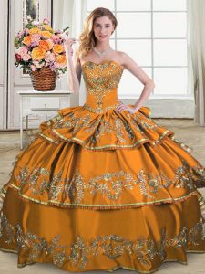 Brown Lace Up Sweetheart Embroidery and Ruffled Layers 15th Birthday Dress Satin and Organza Sleeveless