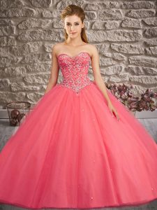 Watermelon Red Ball Gowns Sweetheart Sleeveless Tulle Brush Train Lace Up Beading Sweet 16 Quinceanera Dress