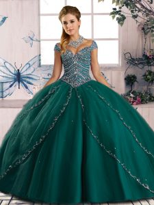 Lace Up 15th Birthday Dress Green for Sweet 16 and Quinceanera with Beading Brush Train