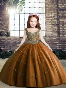 Adorable Brown Ball Gowns Straps Sleeveless Tulle Floor Length Lace Up Beading Pageant Gowns