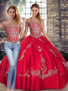 Pretty Floor Length Lace Up 15 Quinceanera Dress Red for Military Ball and Sweet 16 and Quinceanera with Beading and Emb