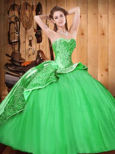 Glorious Green Satin and Tulle Lace Up Quinceanera Gown Sleeveless Brush Train Beading and Embroidery