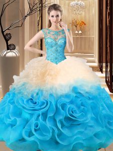 Gorgeous Fabric With Rolling Flowers Scoop Sleeveless Lace Up Beading and Ruffles Sweet 16 Dress in Multi-color