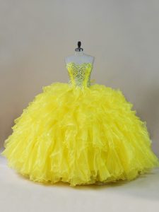 New Arrival Yellow Sleeveless Floor Length Beading and Ruffles Lace Up Quinceanera Dress