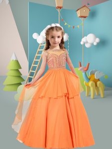 A-line Kids Pageant Dress Orange Scoop Chiffon Sleeveless Floor Length Zipper