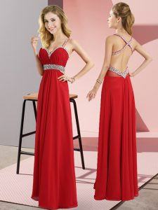 Custom Designed Straps Sleeveless Criss Cross Formal Dresses Red Chiffon