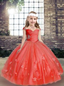 Lace Up Girls Pageant Dresses Coral Red for Party and Wedding Party with Beading and Hand Made Flower