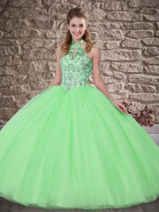 Fitting Sleeveless Tulle Brush Train Lace Up Sweet 16 Dresses in Green with Embroidery
