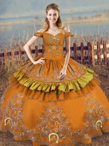 Chic Brown Ball Gowns Satin Off The Shoulder Sleeveless Embroidery Floor Length Lace Up Sweet 16 Dress