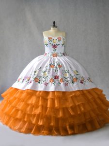 Nice Sleeveless Floor Length Embroidery and Ruffled Layers Lace Up Vestidos de Quinceanera with Orange