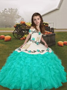 Excellent Embroidery and Ruffles Pageant Gowns For Girls Turquoise Lace Up Long Sleeves Floor Length